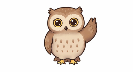 Adorable cartoon owl vector illustration waving its wing happily, isolated on a clean white background, rendered in a cheerful 2D flat style.
