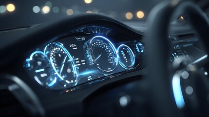 Illuminated digital dashboard gauges display vital driving information within a modern vehicle interior at night