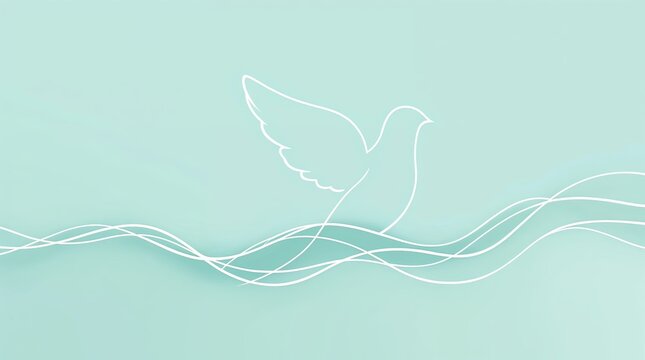Minimalist line art of a dove symbolizing peace and the holy spirit. White bird flying over waves on a turquoise background. Christian faith and spirituality concept with copy space
