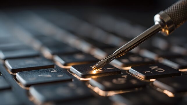 Precision instrument carefully interacts with illuminated computer keyboard key