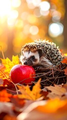 Hedgehog with apple in autumn leaves (1)