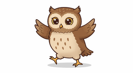 A happy cute owl cartoon character is joyfully dancing on a clean white background, rendered in a cheerful flat 2D vector illustration style.