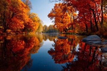 Stunning Autumn River Landscape with Vibrant Red and Orange Trees Reflected in Calm Water
