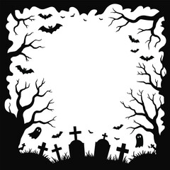 Halloween Horror Frame Border Graveyard, Spooky Trees, and Ghostly Elements