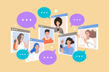 A diverse team of people collaborates through video call windows, using chat messages to communicate. This outline scene illustrates a virtual meeting, remote work, and digital collaboration.