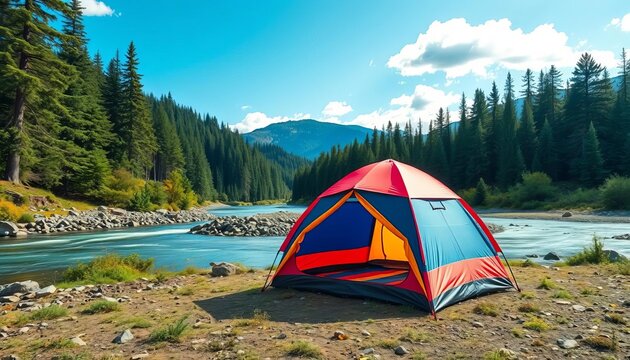 A colorful tent stands ready in a serene natural setting, nestled by a river or within a lush forest, under an open sky,  recreation,  freedom