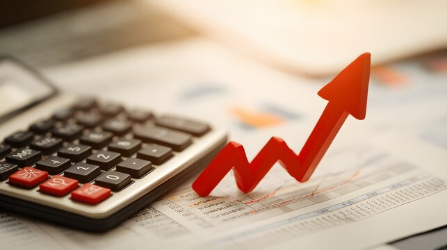Three dimensional red upward pointing arrow rests on financial paperwork beside a desktop calculator