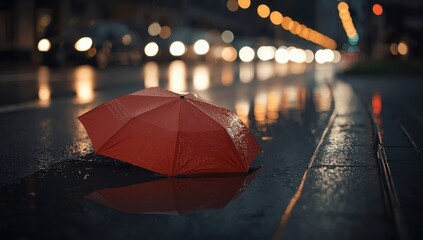 Red umbrella lying on wet city street during rainy night with blurred car lights