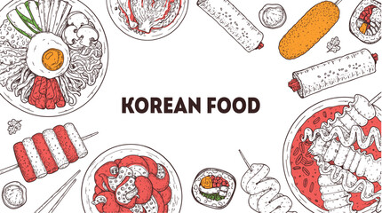 Korean food frame. Hand drawn top view Korean food dishes vector sketch illustration. Bibimbap, tteokbokki, nakji bokkeum, kibap, odeng, corn dog, kimchi