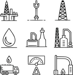 Petroleum Extraction Line Icon Collection Onshore Drilling, Pipelines, and Refinery Production
