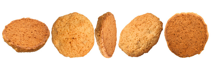 A collection of golden-brown oatmeal cookies arranged in a row, isolated on a transparent background.