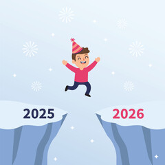 Colorful illustration showing a person jumping from 2025 to 2026, symbolizing New Year celebration, success, motivation, and a fresh start. Perfect for holiday, business, and future opportunity themes