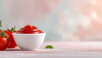 Tomato sauce in abstract form with fresh tomato and white bowl on pastel background creating soft and artistic mood