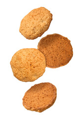 Falling golden-brown oatmeal cookies isolated on a transparent background.