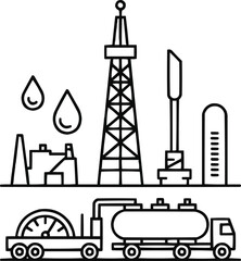 Petroleum Extraction Line Icon Collection Onshore Drilling, Pipelines, and Refinery Production
