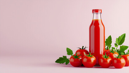 Tomato sauce in abstract form with fresh tomato and green leaf on pink background creating vibrant and appetizing visual