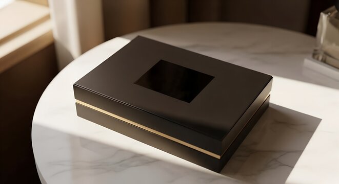 Luxury black gift box mockup on marble table with natural window shadow