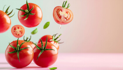 Tomato sauce in abstract form with fresh tomato and basil floating on pastel background creating vibrant and artistic mood