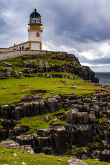 Isle of Skye, Scotland, Uk: Neist Point lighthouse (1909), designed by David Alan Stevenson and first lit on 1 November 1909 on the promontory on the most westerly point on Duirinish peninsula