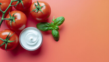Tomato sauce in abstract form with fresh tomato and basil on colorful background creating vibrant and appetizing mood