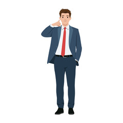 Fototapeta premium Confident businessman gestures a phone call with his hand. Call Me Anytime. Flat vector illustration isolated on white background
