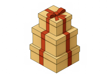 Stack of cartoon isometric gift boxes with red ribbons, celebrating holiday surprises and special occasion presents