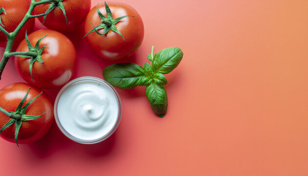 Tomato sauce in abstract form with fresh tomato and basil on colorful background creating vibrant and appetizing mood