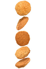 Falling oatmeal cookies isolated on a transparent background.
