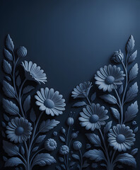 A monochromatic digital illustration featuring a detailed arrangement of daisy-like flowers in various shades of dark navy blue. The 3D embossed effect creates a luxurious with ample copy space.