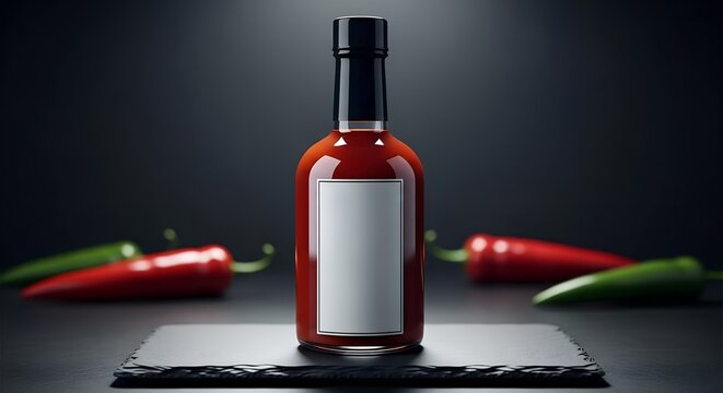 Hot sauce bottle mockup with blank label on dark slate and chili peppers - Powered by Adobe