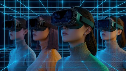 Group of women experiencing virtual reality in a futuristic digital grid