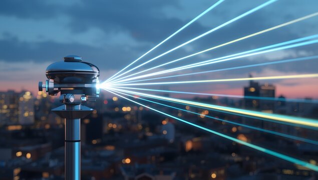 Futuristic data transmission across a glowing urban skyline at twilight