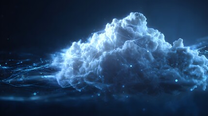 Luminescent digital network structure overlays a dense cumulus formation in a dark environment
