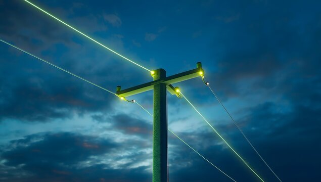 Futuristic power lines with glowing energy connecting modern communication network