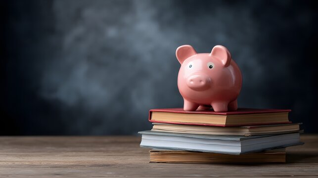 Pink piggy bank sits atop a stack of thick books on a wooden surface against a dark background