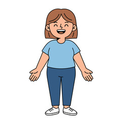 Smiling Young Woman With Short Brown Hair Wearing A Light Blue T Shirt And Blue Jeans Standing Against A Black Background With Open Arms and White Shoes, Full Body Portrait
