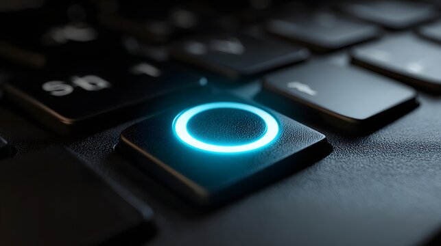 Illuminated circular sensor glows brightly on a dark computer keyboard