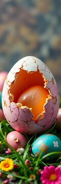 Easter egg gone wrong, a cracked and messy decorative egg,  holiday mishap,  oops