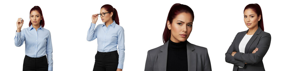 Diverse business professional cutouts: writing, accomplished, skeptical, confident. Ideal for corporate branding, HR, finance, tech, education, marketing, presentations, websites.