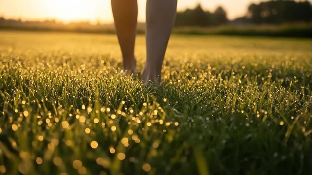 bare feet walking on fresh green grass with morning dew at sunrise. serene scene of grounding and connecting with nature. wellness concept. website header, banner.