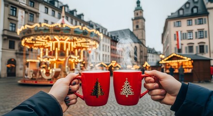 Celebrating christmas with mulled wine in front of a carousel in the city
