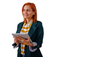 Businesswoman with red hair smiling, holding a digital tablet, looking aside, transparent background for overlay