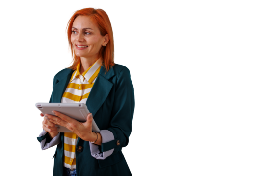 Businesswoman with red hair smiling, holding a digital tablet, looking aside, transparent background for overlay - Powered by Adobe