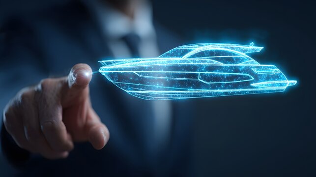 Business professional interacts with a bright blue holographic projection of a modern watercraft
