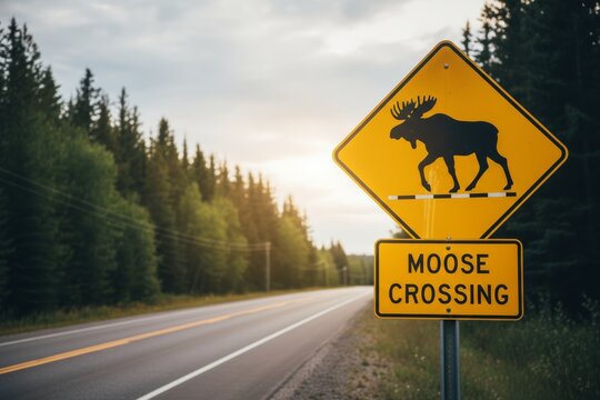 Moose crossing sign on quiet forest road at sunset.
