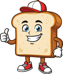 Cartoon bread character mascot, smiling food illustration, thumbs up gesture, cute bakery design, fun snack artwork, children’s educational food concept