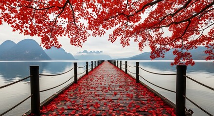 Scenic landscape of a wooden pier with red leaves and mountain background