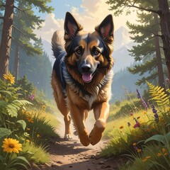 A German shepherd sprints down a sunlit path, framed by trees