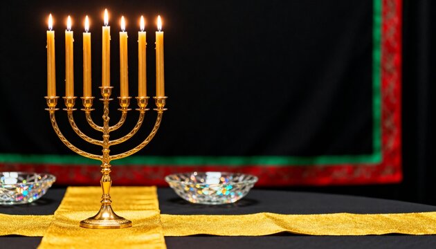 Golden Kinara with seven lit candles for a Kwanzaa celebration. Holiday display with Pan-African colors on a dark background with copy space