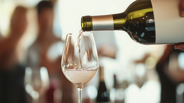 A glass of white wine being poured from a green glass bottle at a well-lit bar with blurred background people. The wine is the focal point in a social, elegant event.